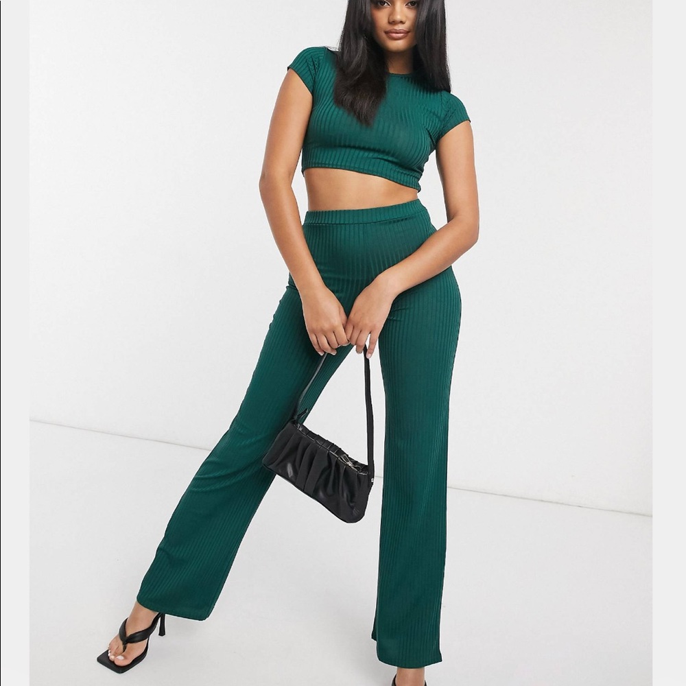 FEMME LUXE Ribbed Knit Crop Top & Flare Pant Set